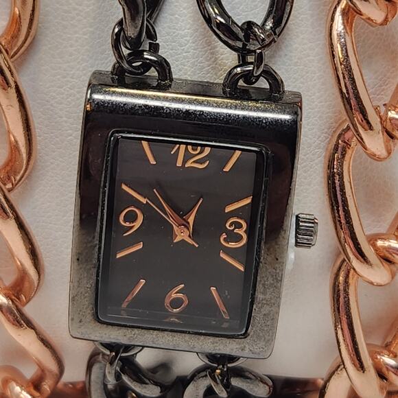 Rose Gold Black Tone Metal Mutlit Chain Watch Wrtistwatch Edgy Statement Chunky - Picture 2 of 7